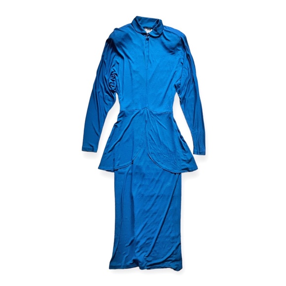 RARE 1980s era Norma Kamali Blue Peplum Dress w/Shoulder Pads, sz 12 - Picture 2 of 11